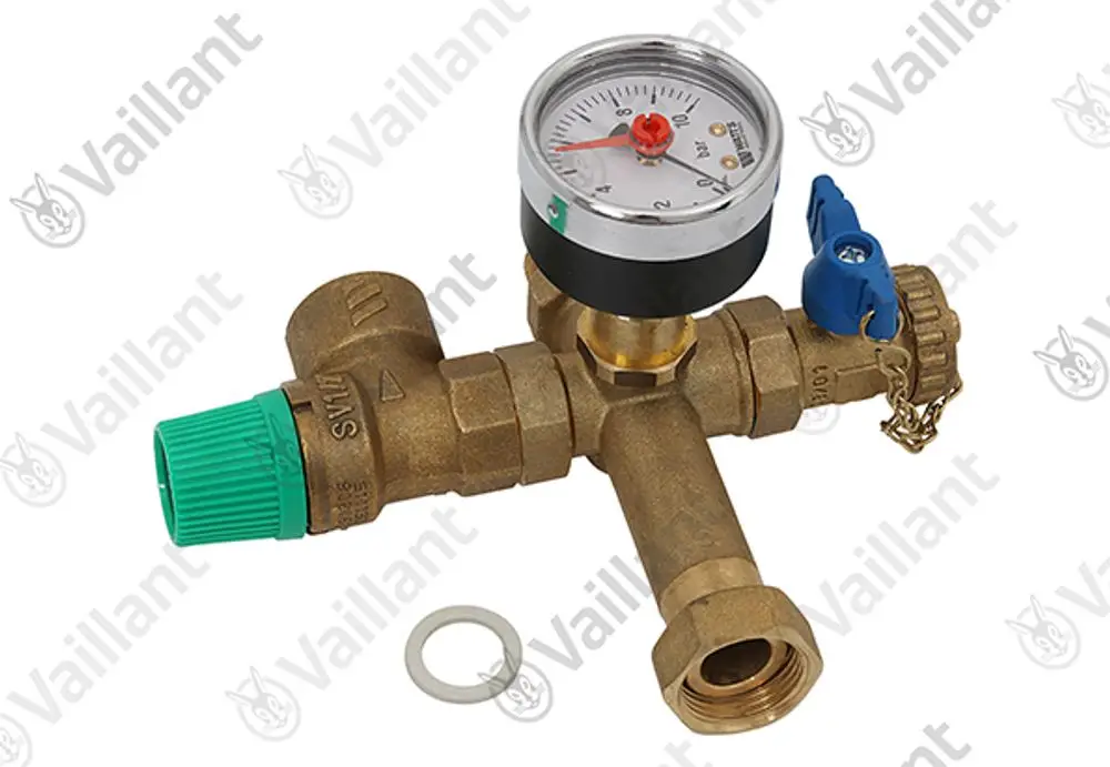 Vaillant Sicherheitsgruppe mit Druckmanometer, Wasseranschlüssen und regulierbarem Ventil, geeignet für Solaranwendungen.